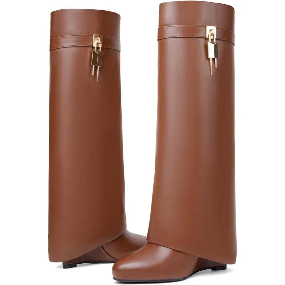 Women Faux Leather Brown Pull-on Wedge Heel Knee Shark Padlock Design Boot